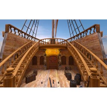 Imagem de Cenário vintage de navio pirata luxuoso deck giratório de madeira escadaria de madeira para fotografia baús tesouro navio à vela fundo piratas náuticos fundo pirata tema pirata adereços para foto de
