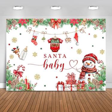 Imagem de Fitumiw Pano de fundo de Natal para chá de bebê, 2,1 x 1,5 m, Papai Noel, roupas de bebê, decoração de festa de Natal, flocos de neve, faixa para fotos