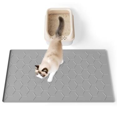 Imagem de Bulkniu Tapete de areia grande de silicone para gatos: Tapete de caixa de areia macio e impermeável Tapete de alimentação para gatos (61 cm x 40 cm, cinza-S)