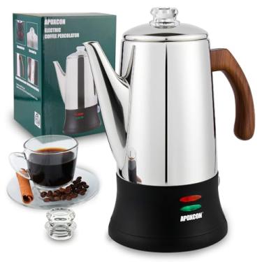 Imagem de APOXCON Cafeteira elétrica de aço inoxidável com dois puxadores de vidro resistentes ao calor e cabo de madeira maciça tratada, mantém aquecido, sem fio, sirva elegante, bule de café, interruptor liga