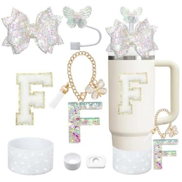 Imagem de Liangang Conjunto de acessórios de copo branco de 7 peças para Stanley 850 g 1,134 g, incluindo bota, tampa à prova de derramamento, capa de canudo de borboleta, letra adesiva, pingentes de letra