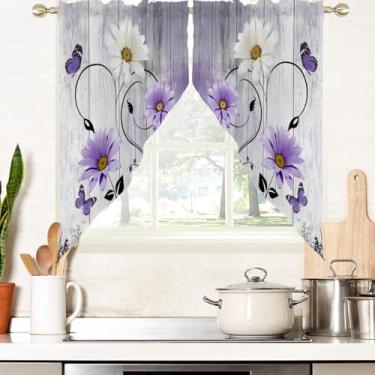 Imagem de AAtter Cortina floral roxa para janela flor lavanda retrô rústica margarida branca primavera pequena curta casa sala de estar quarto banheiro tecido drapeado 1 par, 71 cm L x 91 cm C, bonito