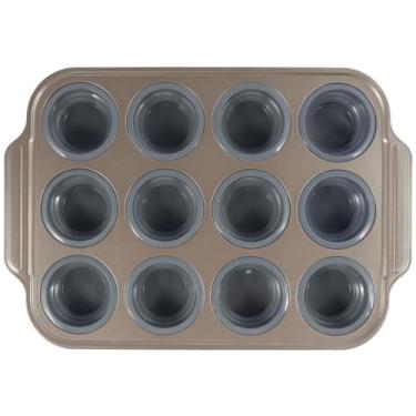 Imagem de Mini forma de silicone para muffin, 12 xícaras antiaderentes de grau alimentício para assar, moldura de aço inoxidável, livre de BPA e pode ser lavada na lava-louças, ótima para fazer bolos de muffin