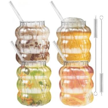 Imagem de LYIYEYAN Pacote com 4 copos de vidro canelados, 623 g - Copos de café estéticos vintage com canudos e pincéis, copos de bebida gelada para suco, coquetéis e bar doméstico (estilo 2)