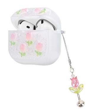 Imagem de CameCosy Capa floral compatível com AirPods 4 Geração 2024 com pingente, capa protetora com linda estampa de tulipas rosa para mulheres, à prova de poeira, à prova de poeira, antiarranhões