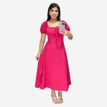 Imagem de Vestido Midi Feminino Drapeado costas Manga Princesa - ZIEM, Pink liso