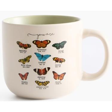Imagem de Caneca com verso bíblico de borboleta, caneca de fé, caneca de café de cerâmica - 425 g, seguro para micro-ondas e lava-louças, presentes cristãos, presentes para amigos