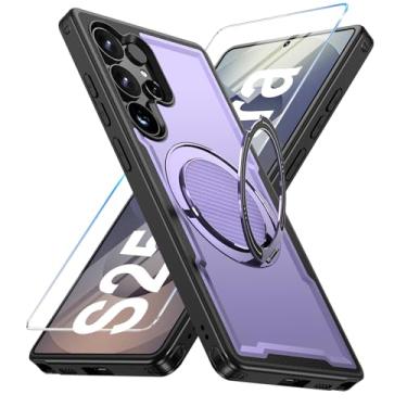 Imagem de Capa para Samsung Galaxy S25 Ultra compatível com Mag-Safe, suporte de anel giratório 360, capa com suporte magnético, capa de telefone à prova de choque de grau militar, com protetor de tela, TPU e