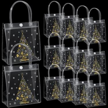 Imagem de Sweetude 24 sacos de presente transparentes com alças 14 × 19 × 7,9 cm x 7,8 polegadas sacolas reutilizáveis de PVC para lembrancinhas de festa (árvore de Natal dourada)