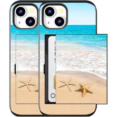 Imagem de MUQR Capa compatível com iPhone 15 com porta-cartão fofo - Design Kawaii, proteção contra quedas de nível militar, capa tipo carteira robusta para mulheres (praia preta estrela-do-mar verão)