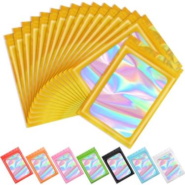 Imagem de Funfery 100 sacos de ouro Mylar holográficos resseláveis, bolsa de embalagem transparente à prova de odor para armazenamento de alimentos, brilho labial, joias, embalagem de cílios para pequenas