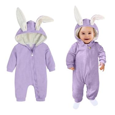 Imagem de AGQT Fantasia de coelho para meninos bebê 1ª Páscoa macacão roupas de animais de Halloween macacão de uma peça com capuz de orelha de coelho roxo claro tamanho 12-18 meses