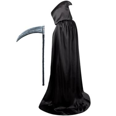 Imagem de GRAJTCIN Capa com capuz unissex para adultos, comprimento total, fantasia de Natal, capa de festa, tamanho 109 a 170 cm, Preto com foice, 130CM/51"
