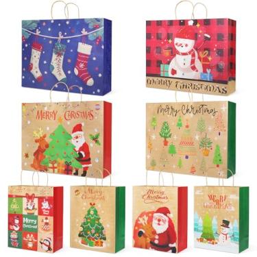 Imagem de 8 peças de sacos de presente de Natal kraft tamanhos variados sacos de papel médio gigante de Natal com alças sacos de presente com estampas de Natal para embrulho de presente de Natal suprimentos de