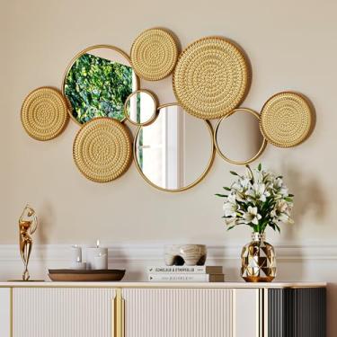 Imagem de Uniclinens Decoração de parede com espelho dourado, escultura de parede grande moderna decorativa, espelho de arte com moldura de metal completa 114 cm x 58 cm, ideal para entrada, lareira, sala de