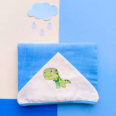 Imagem de Toalha de Banho Bebê com Capuz Bordado Fralda Soft 100% Algodão Praia Piscina (Dinossauro Rex)