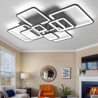 Imagem de Moderno quadrado regulável preto luz de teto com controle remoto e aplicativo 111cm 3000K6500K acrílico abajur lustre para quarto sala de estar cozinha luminária elegante