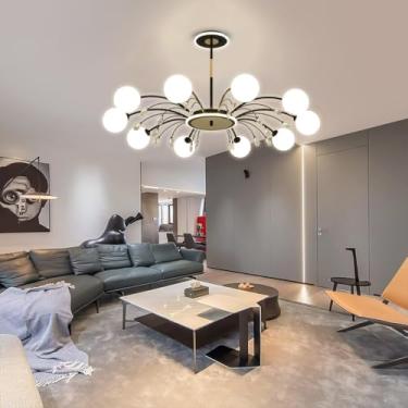 Imagem de Lustre moderno de 6 luzes em formato de globo, estilo meados do século, luminária pendente Sputnik com lâmpada G9, acabamento em metal escovado, abajur de vidro branco, sala de jantar, cozin