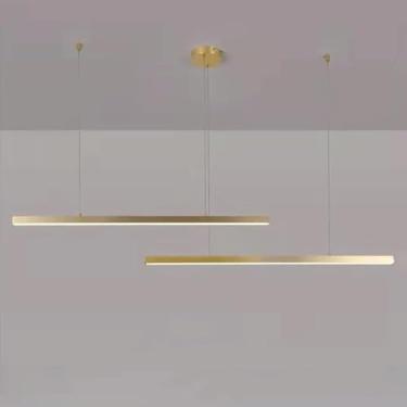 Imagem de Lustre minimalista dourado de metal e alumínio, luminária pendente moderna de LED linear para cozinha, ilha, sala de estar, quarto, cabeceira, sala de jantar, corredor, luminária de teto (12