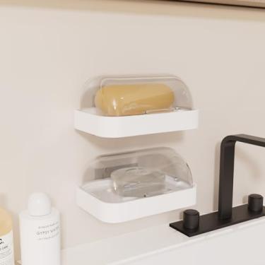 Imagem de Suporte de sabão montado na parede - conjunto de 2, plástico branco com capa transparente, bandeja de coleta de água, recipiente de saboneteira de barra com tampa para banheiro, chuveiro, pia de