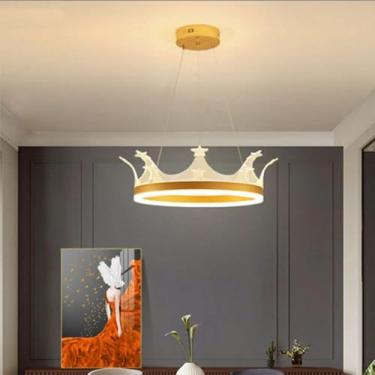 Imagem de Luminária retrô, luminária pendente nórdica de coroa dourada, moderna, minimalista, para meninas, quarto aconchegante, estudo, lustre decorado, luminária de teto LED