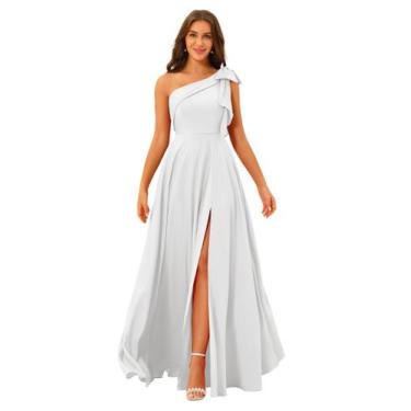 Imagem de Vestido de dama de honra BITALY branco de cetim de um ombro plus size