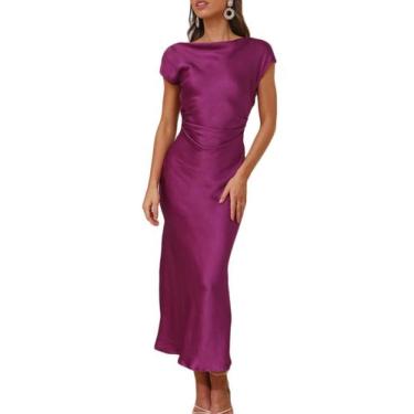 Imagem de Vestido Gmeitoey 2025 de cetim, manga curta, capuz, costas, fúcsia