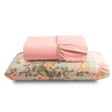 Imagem de Jogo Cama Lençol Fiore Solteiro Estampado 180 Fios 100% Algodão com Babadinho 2 Peças Salmão Floral