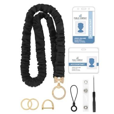 Imagem de Cordão elástico elástico para chaves de crachás de identificação, cordão de professor fofo para mulheres com 2 porta-crachá transparente (Preto)