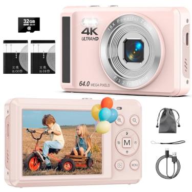 Imagem de Câmera Digital 4K 64MP com Foco Automático,Fotográfica para Vlog, Zoom, Tela 2.8 Polegadas，fotografia, Cartão SD de 32GB, 2 Baterias, Câmera Compacta，para Adolescentes e Iniciantes, Flash(rosa)