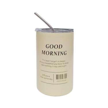 Imagem de ISEMRO Copo de café isolado Iced Americano com canudo de aço inoxidável, palavras inspiradoras caneca de café de viagem para homens e mulheres (590 ml, bege)