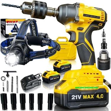 Imagem de Furadeira Parafusadeira de Impacto 21V com Torque 350Nm Brushless Soquetes + Lanterna LED De Cabeça