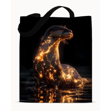 Imagem de Bolsa de ombro preta e dourada com estampa de lontra marinha - Bolsa de ombro reutilizável moderna dourada preta reutilizável para compras, trabalho, viagem, praia