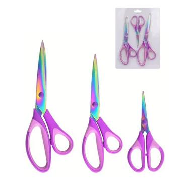 Imagem de Pacote com 3 tesouras multifuncionais profissionais de 23 cm, ótima para adultos, escritório, costura, escola e material doméstico, rosa roxo
