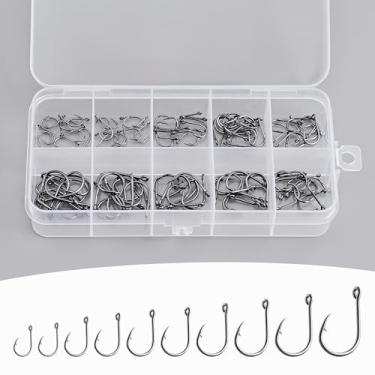Imagem de 100 ganchos de pesca com 10 tamanhos com caixa de plástico portátil, anzol afiado forte de aço carbono com farpas para água do mar e água doce, peixe-gato, truta, robalo, polvo, presente de pesca para