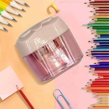 Imagem de Apontador manual de lápis de orifício duplo com tampa para escritório em casa, apontador de giz de cera de plástico portátil - rosa