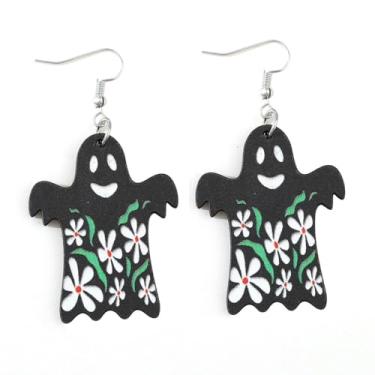 Imagem de Brincos femininos de Halloween modernos fofos com estampa de flores de fantasma preto, brincos pendentes de gota para Halloween, acessórios de bijuteria de fantasia, 2inch, Madeira, Sem pedra preciosa