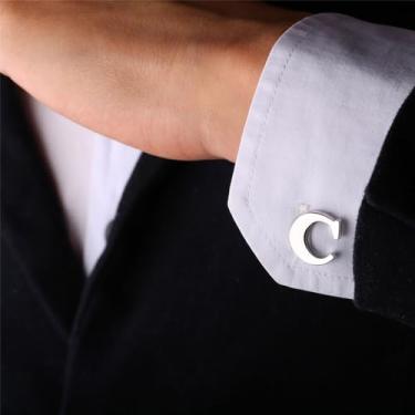 Imagem de Abotoaduras iniciais de aço inoxidável 26 abotoaduras de letra inicial do alfabeto camisas de casamento de negócios A-Z, One Size, Aço inoxidável, Sem Pedra Preciosa