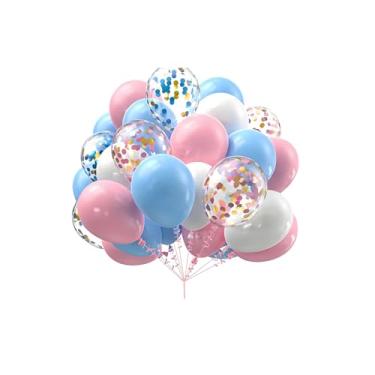 Imagem de Pacote com 30 balões de látex de 30 cm azul claro, branco e rosa com fitas para aniversário, casamento, chá de bebê, formatura, revelação de gênero de noivado, aniversário, Natal, decorações de festas