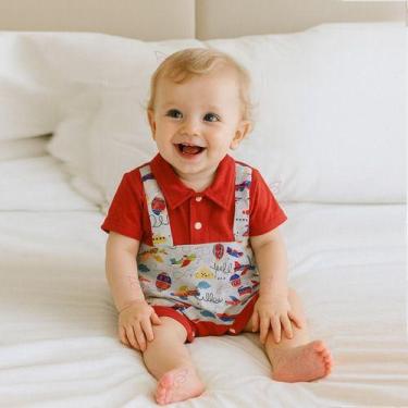 Imagem de Macacão Curto Bebe Menino Jardineira Com Gola Estampado RN a 03 Meses 