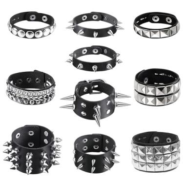 Imagem de 10 peças de pulseira cravejada, pulseiras emo spiked Y2k couro preto rebite punk pulseiras rock cuff gótico acessórios punk halloween para homens mulheres