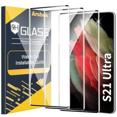 Imagem de Arshek Pacote com 3 protetores de tela para Galaxy S21 Ultra, vidro temperado 9H, suporte ultrassônico para impressão digital, curva 3D, HD transparente resistente a arranhões para Samsung Galaxy S21