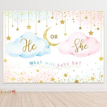 Imagem de Newsely Pano de fundo revelador de gênero para ele ou ela, foto 12,5 x 7,5 cm A, lindo menino ou menina, nuvem rosa, o que será o bebê, dourado, estrelas, lua, fundo adorável, decoração de festa