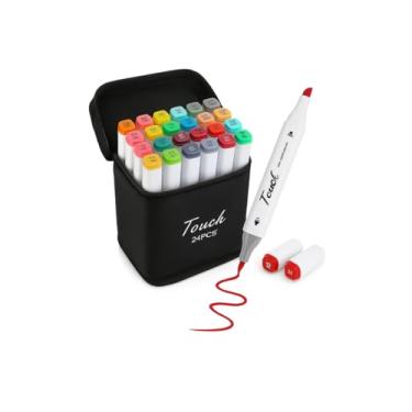 Imagem de Canetinha Ponta Dupla para Colorir Kit Estojo de Canetas Escolar Marcador Coloridas Permanente Duas Pontas (24 Cores) kit