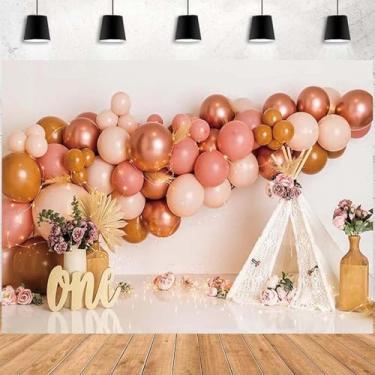 Imagem de Barraca Boho Rosa Balões Floral Boêmio Menina 1º Aniversário Fotografia Fundo Decorações de Primeiro Aniversário para Menina Bolo Quebra Pano de Fundo Boêmio Pampas Grama Decorações de Festa, 2,4 x
