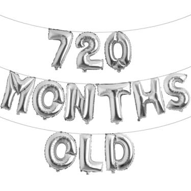 Imagem de Banner de balão multicolorido com glitter de 720 meses - Decorações engraçadas de aniversário de 60 anos e festas de aniversário (prata de 720 meses)