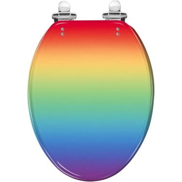 Imagem de Assento de vaso sanitário alongado gradiente colorido abstrato ele matiz arco-íris moderno assento de vaso sanitário de resina holográfica tampa de fechamento lento e silencioso com dobradiças de
