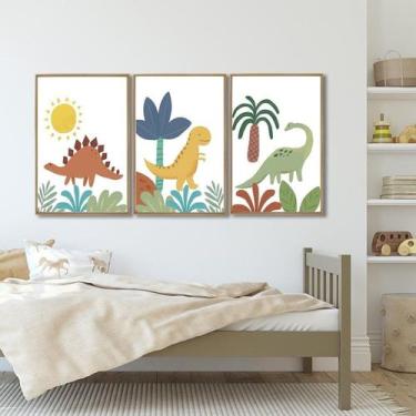Imagem de Quadro Decorativo Infantil Dinossauros 3 Telas 60x90 Cm para Quarto Sa
