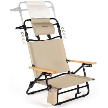 Imagem de REALEAD Cadeiras de praia para adultos - Cadeira de praia extensível com encosto alto reclinável com 4 posições - Cadeira de praia dobrável plana com apoio de cabeça, bolsa térmica