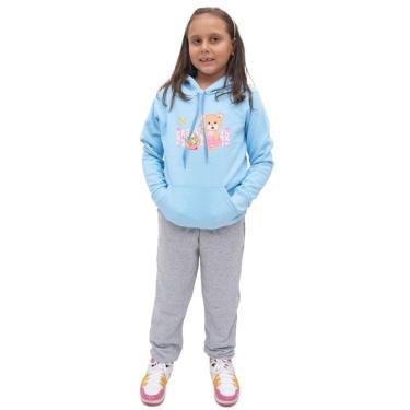 Imagem de Kit de Blusa e Calça Moletom Infantil Menina Estampa Urso e Flores Costuras Reforçadas Inverno